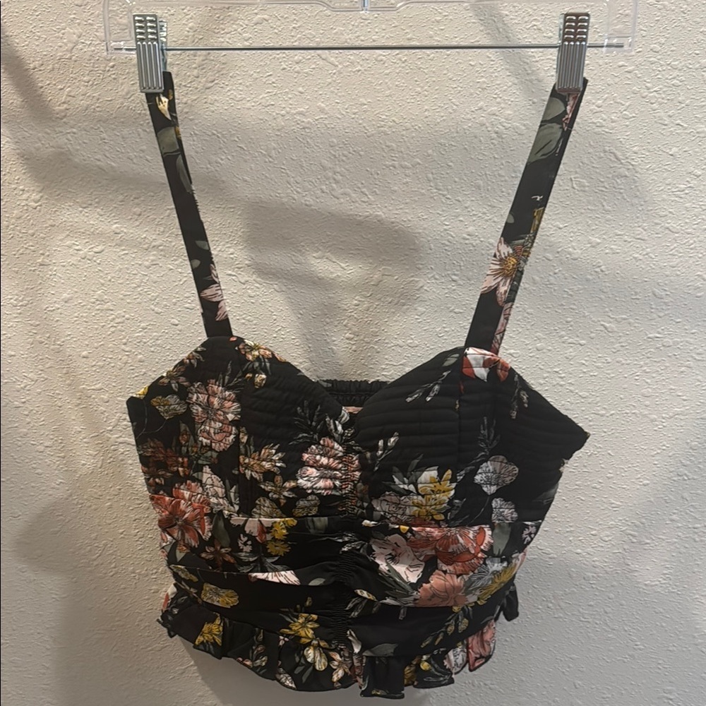 Pink and Tan Ruched Bustier Crop Top